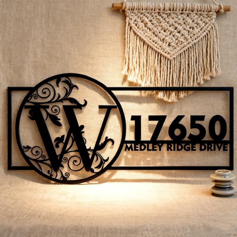 Custom Floral Monogram Address Metal Sign– Features Initial Full ...