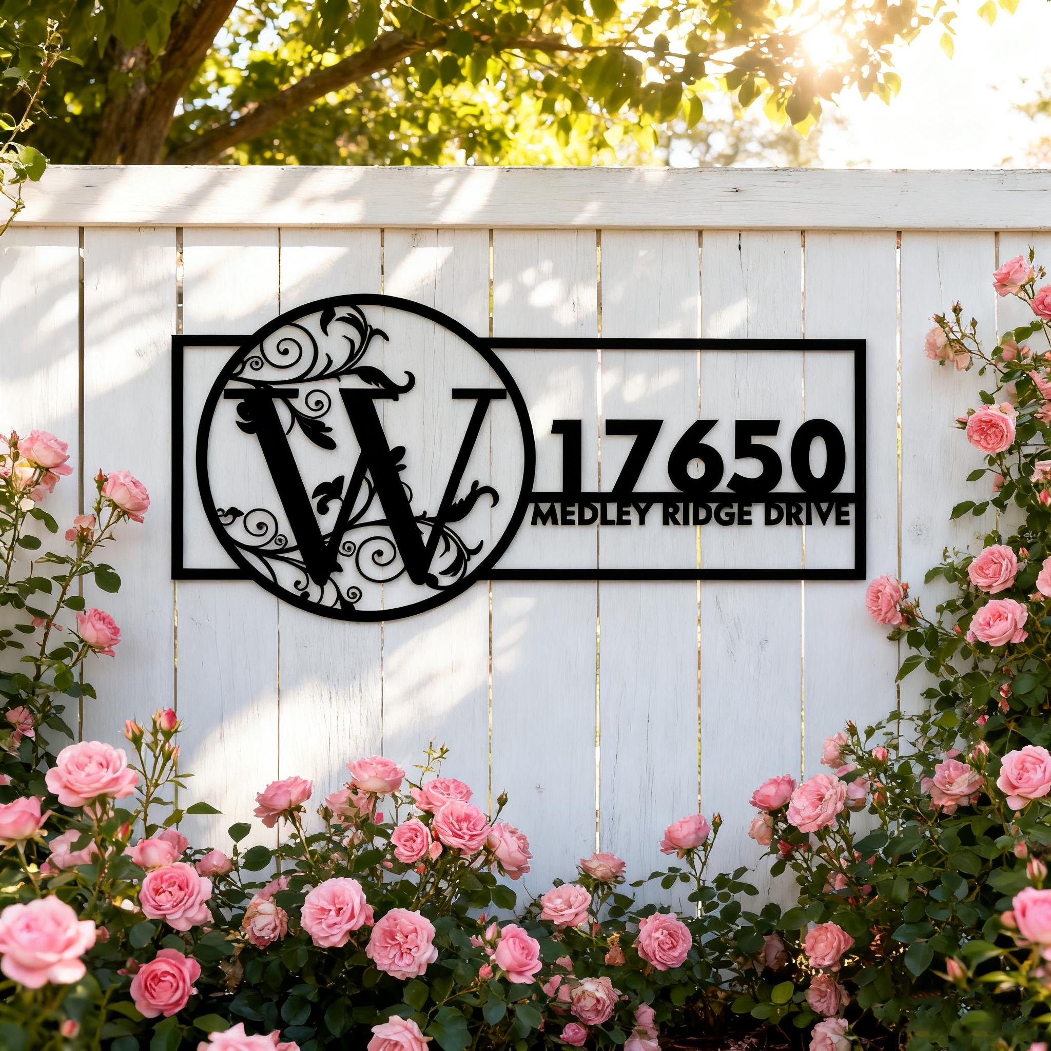 Custom Floral Monogram Address Metal Sign– Features Initial Full ...