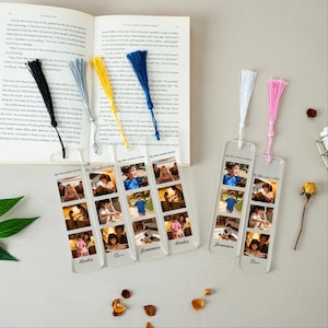 May include: Clear acrylic bookmarks with colorful tassels. Each bookmark features a series of family photos and the text "My little sunshine and joy." Tassels are black, gray, yellow, blue, white, and pink.
