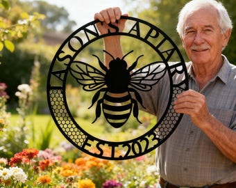Custom Bee Apiary Metal Sign - Custom Name and Date Decor - Rustic Black Iron Art with Intricate Bee Design - Ideal Gifts for Beekeepers