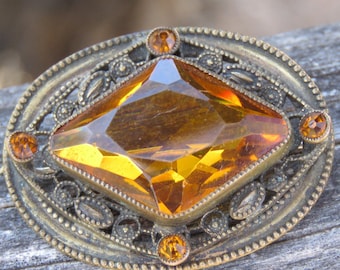 Burnt Orange Oval Shape Bronze Tone Brooch, Costume Jewelry, November Birthstone Topaz or Citrine, Pin, Amber Brooch, Gift for her, Vintage