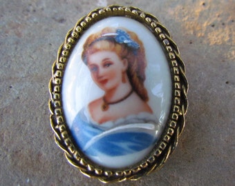 Vintage Hand-painted Lady in Blue, Limoges, Goldette, Brooch, Pin, Pendant, Made in France, Gold Tone Metal, Victorian, figural, Porcelian