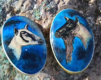 Billy & Nannie Goat Hand-Painted Clip On Earrings, Animal Lover Jewelry, Farm Pets, Blue Earrings, Everyday, Something Blue, True Vintage