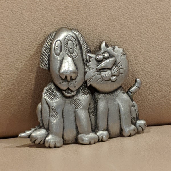 JJ Pewter Dog & Cat Brooch/Pin, Vintage Signed Jewelry, Bes