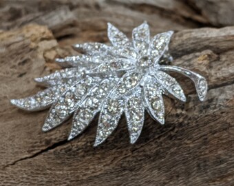 Silver Tone Leaf Brooch, With Crystal Rhinestones, Floral Pin, Costume Jewelry, 25th Anniversary Wear, Gift For Her, Outdoor Wedding Item