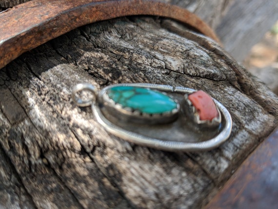 Turquoise & Coral Pendant, Southwestern Item, Vin… - image 7