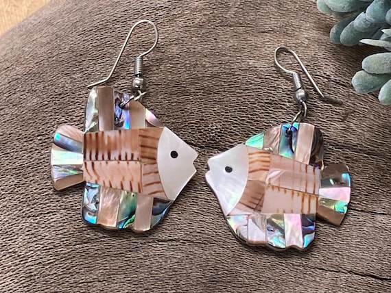 Abalone inlay shell fish earrings dangling earrin… - image 1
