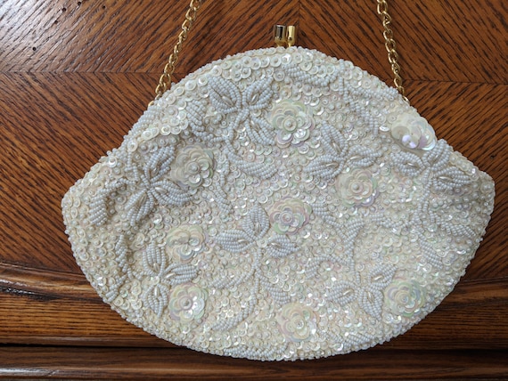 Beaded Clutch Purse, Handmade In Hong Kong, Mid-Century Item, Wedding Wear, Bridal Purse, Prom Wear, Vintage Beaded Bag, Beige & White Color