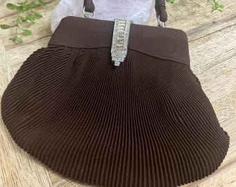 Brown Fabric Wristlet, Crystal Rhinestone Clasp, Petite Wristlet, Vintage Bag, Prom Bag