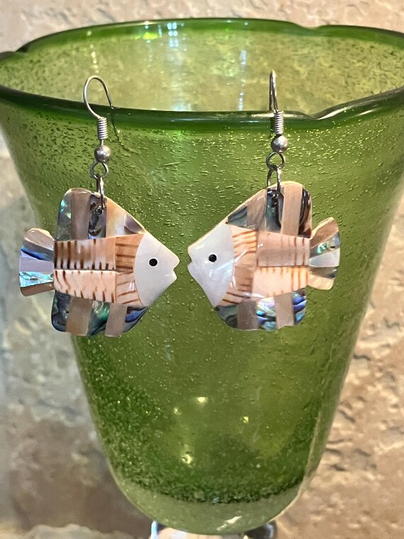 Abalone inlay shell fish earrings dangling earrin… - image 8