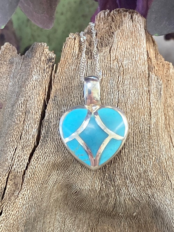 Turquoise and Sterling Heart Pendant & 18” 925 It… - image 1