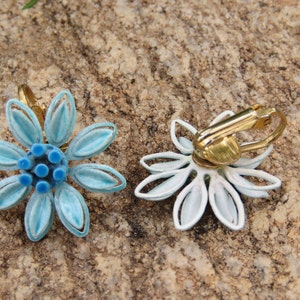 Two Tone Blue Daisy Flower Clip On Earrings, Vintage Lady, Enameled Metal Garden Flowers, Spring Summer Wear, Something Blue, Bridal image 4