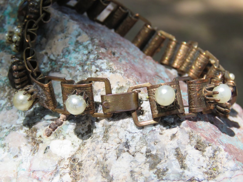 Vintage Copper Vintage Costume Jewelry Mother/'s Day Gift Copper Chain /& Link Bracelet with Garnets and Faux Pearls Southwestern Wear