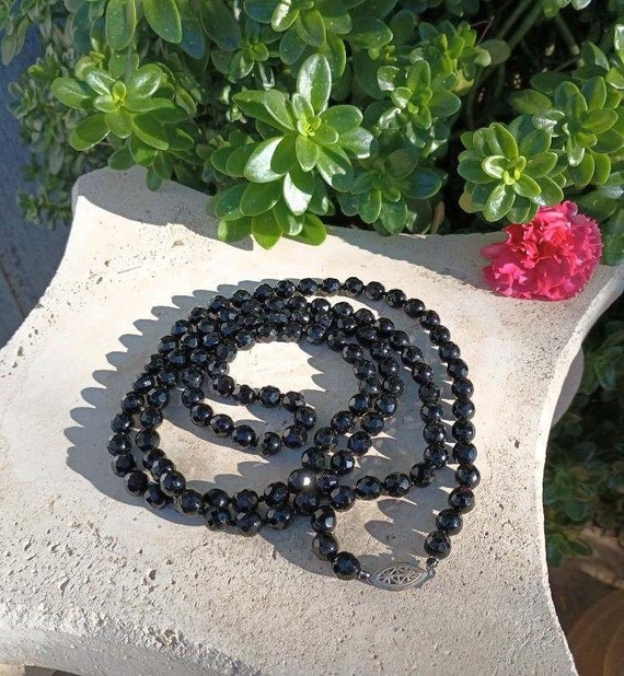 Faceted Jet Black Glass Beaded Necklace, Vintage … - image 3