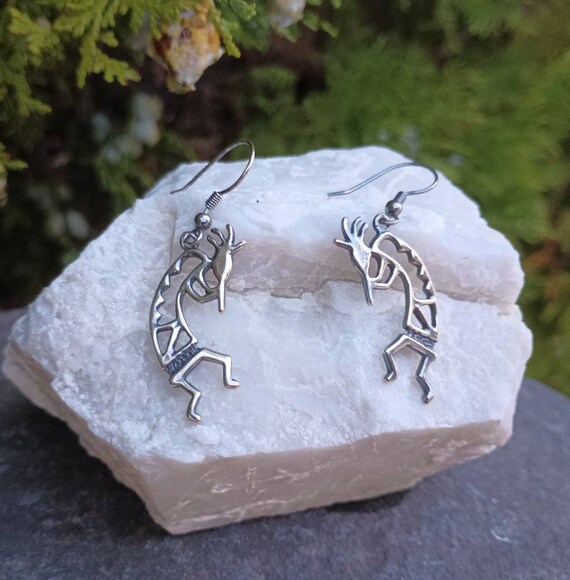 Kokopelli Silver Earrings, Native American Design… - image 2