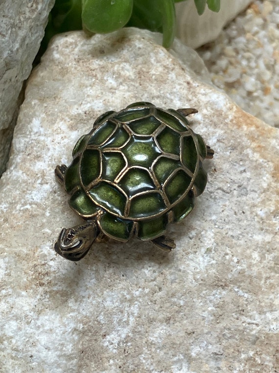 800 Silver 3D Turtle Green Enamel Tortoise Brooch,