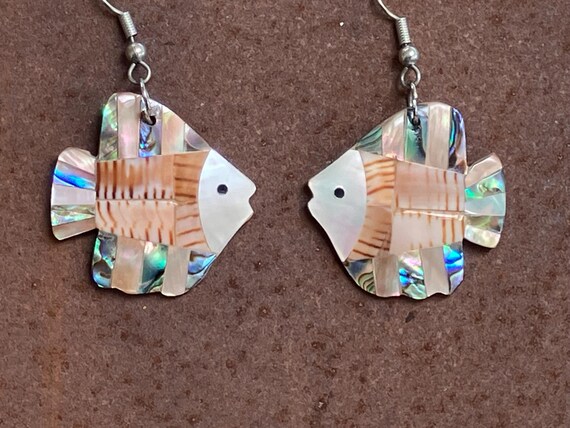 Abalone inlay shell fish earrings dangling earrin… - image 3