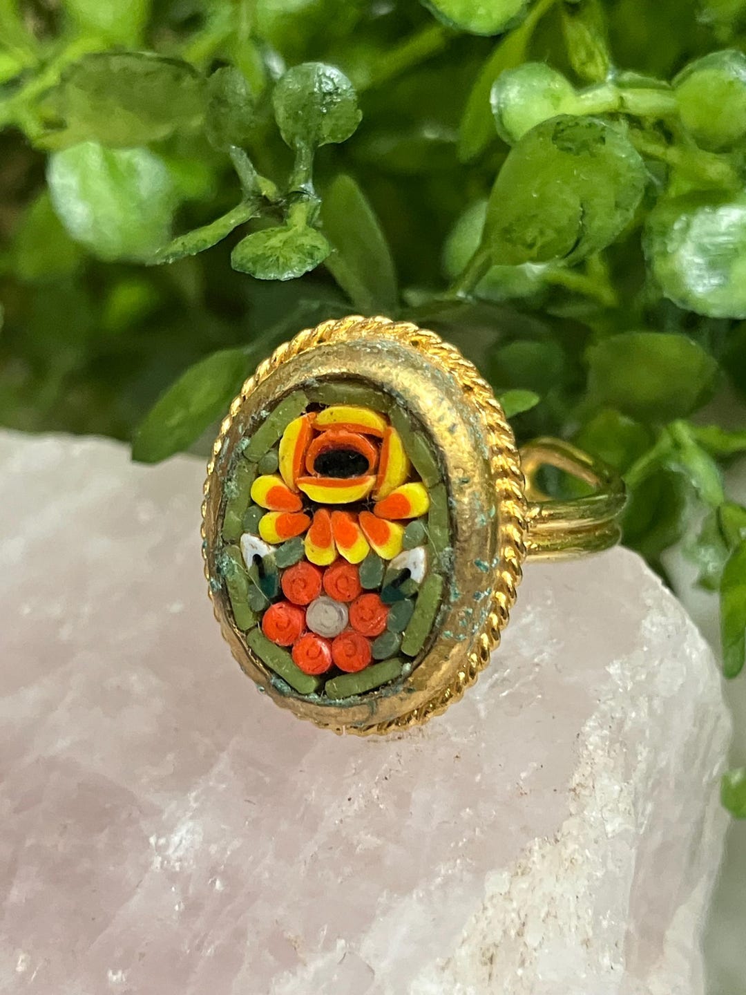 Tile Rings Mosaic Tile Flower Ring, Adjustable Ring, Vintage Flower Design , Oval ...