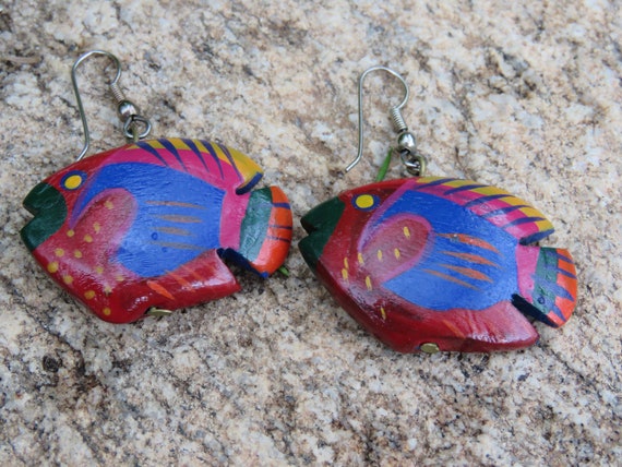 Wooden Tropical Fish Dangle & Drop Earrings, Colo… - image 2