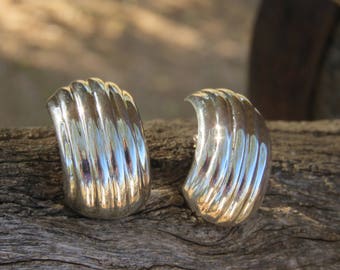 Sterling Silver Earrings, Half Hoop, Vintage Mexican 925 Jewelry, Made In Mexico, Wide, Ribbed Curved, Women's, Modern, Everyday Casual Wear