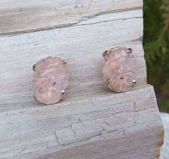 SWOBADA Clip On Earrings, Carved Pink Rose Quartz… - image 4