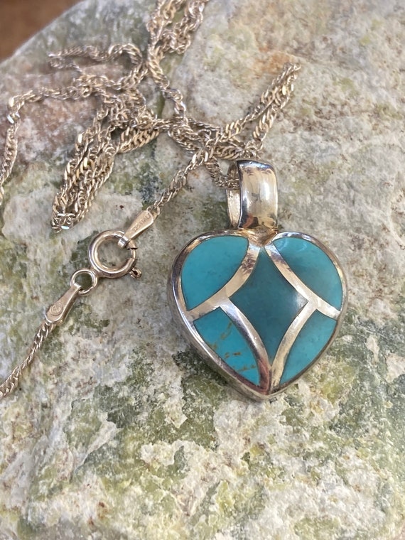 Turquoise and Sterling Heart Pendant & 18” 925 It… - image 7