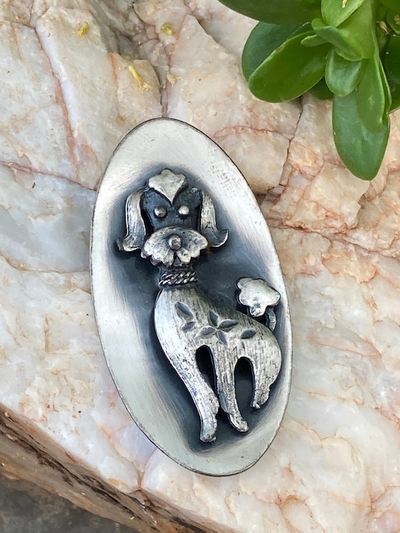 Poodle Metal Brooch, Unique Dog Pin, Oval Animal J