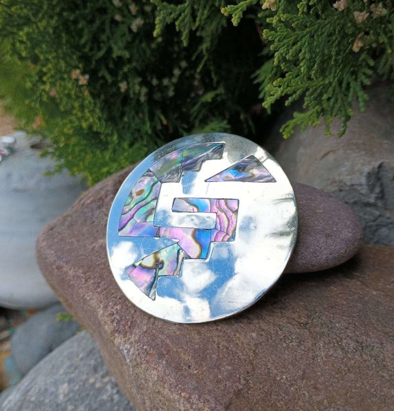 Abalone Shell Inlay Pendant & Brooch, Alpaca Mexi… - image 1