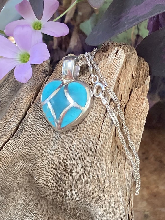 Turquoise and Sterling Heart Pendant & 18” 925 It… - image 3