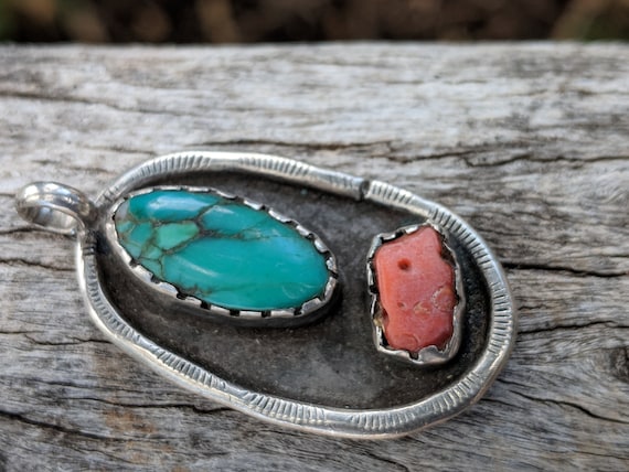 Turquoise & Coral Pendant, Southwestern Item, Vin… - image 2