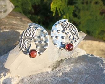 BA Silver Earrings, Vintage Jewelry, Signed BA 925, Garnet Red, Round Abstract Design, Modernist, Women's Post Earrings, Unique Style