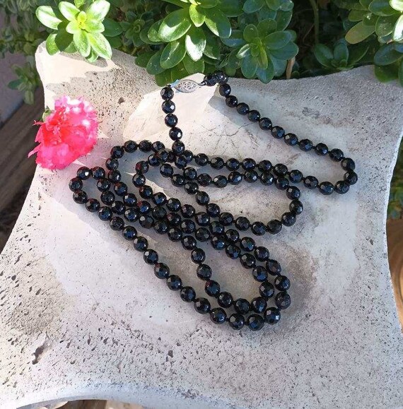 Faceted Jet Black Glass Beaded Necklace, Vintage … - image 2