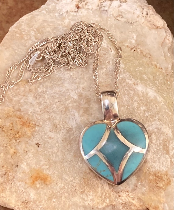 Turquoise and Sterling Heart Pendant & 18” 925 It… - image 6