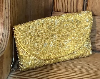 Bugle Beaded Gold Purse, Vintage Beaded Purse, Mid Century Item, Ladies Accessories