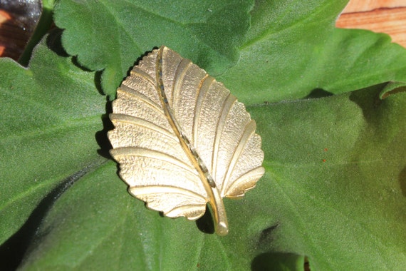 Vintage Leaf Brooch, Autumn Fall Golden Leaf Pin,… - image 2
