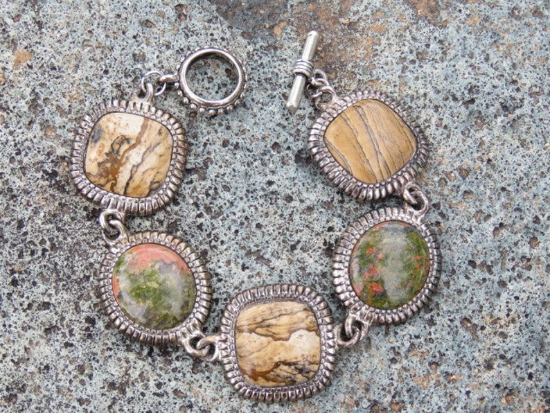 Country Western Jewelry Autumn Fall Thanksgiving Wear Natural Rock Stone Jewelry Vintage Lady Bracelet Unakite and Jasper Stones