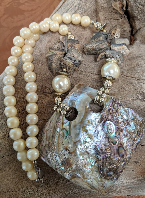 Abalone Shell With Faux Pearl Necklace, Vintage S… - image 1