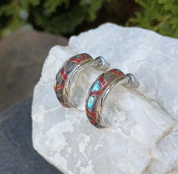 JJ Sterling Silver Inlay Earrings Vintage Native American Signed Piece Abalone Shell Inlaid Coral Southwest 925 Jewelry Open Half Hoop Etsy Canada