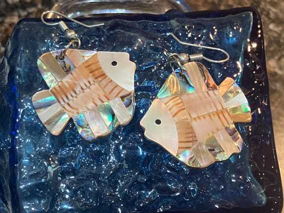 Abalone inlay shell fish earrings dangling earrin… - image 6