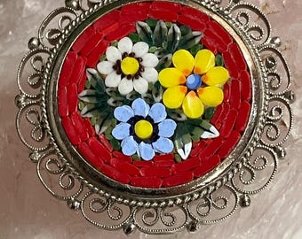 Mosaic Floral Tile Brooch, Vintage Flower Pin,  Made in Italy, Tiny Tiles Brooch, Mid Century Item, Mini Tiles, Multi Flowers, Red