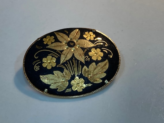 Damascene Brooch Gold Flowers On Black Enamel, Ov… - image 2