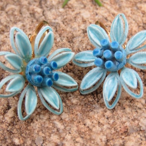 Two Tone Blue Daisy Flower Clip On Earrings, Vintage Lady, Enameled Metal Garden Flowers, Spring Summer Wear, Something Blue, Bridal image 1