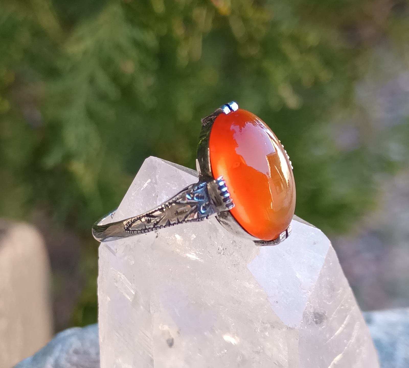 Silver Carnelian Ring, Vintage Jewelry, Statement Cocktail Ring, Women's Size 5.75, Victorian, Engraved Design, Art Deco, Oval Orange Stone