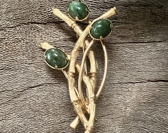 Broche de estilo rama de bambú con flores de jade de Charles Reis Cr Co Jewelry, broche floral de oro blanco de 12 k, broche vintage de Charles Reis, piedras verdes, artículo firmado