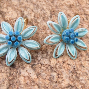 Two Tone Blue Daisy Flower Clip On Earrings, Vintage Lady, Enameled Metal Garden Flowers, Spring Summer Wear, Something Blue, Bridal image 5