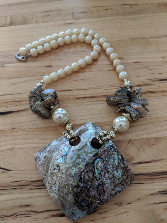 Abalone Shell With Faux Pearl Necklace, Vintage S… - image 6