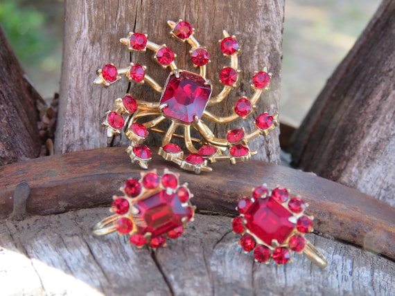 Coro Ruby Rhinestone Screw Back Earrings and Matching Brooch