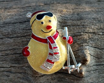 Snowman Brooch, Christmas, Retro, Vintage Jewelry, Skiing, Rhinestones, Red, Silver Tone, Holiday Party Wear, December, Women, Scarf Pin,
