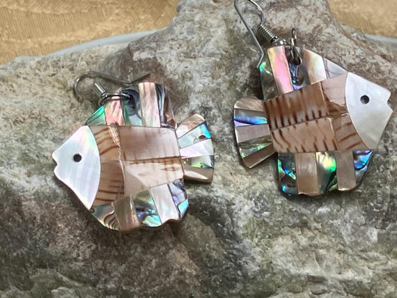 Abalone inlay shell fish earrings dangling earrin… - image 4