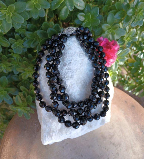 Faceted Jet Black Glass Beaded Necklace, Vintage … - image 1